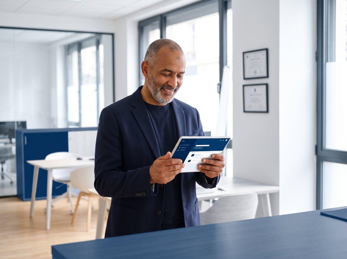 Mandataire en opérations de banque qui consulte sa formation IOBSP sur tablette
