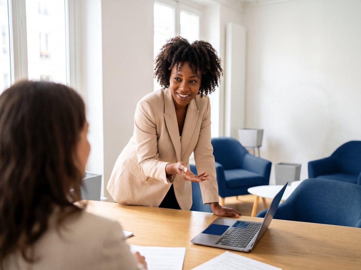 Courtière en crédit immobilier en rendez-vous client, concernée chaque année par la formation continue IOBSP