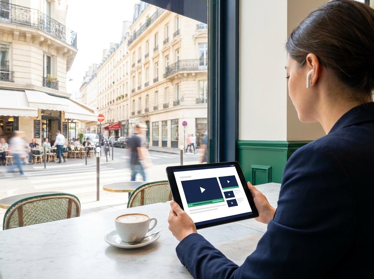 Intermédiaire en crédit qui suit sa formation IOBSP en ligne sur tablette, en terrasse