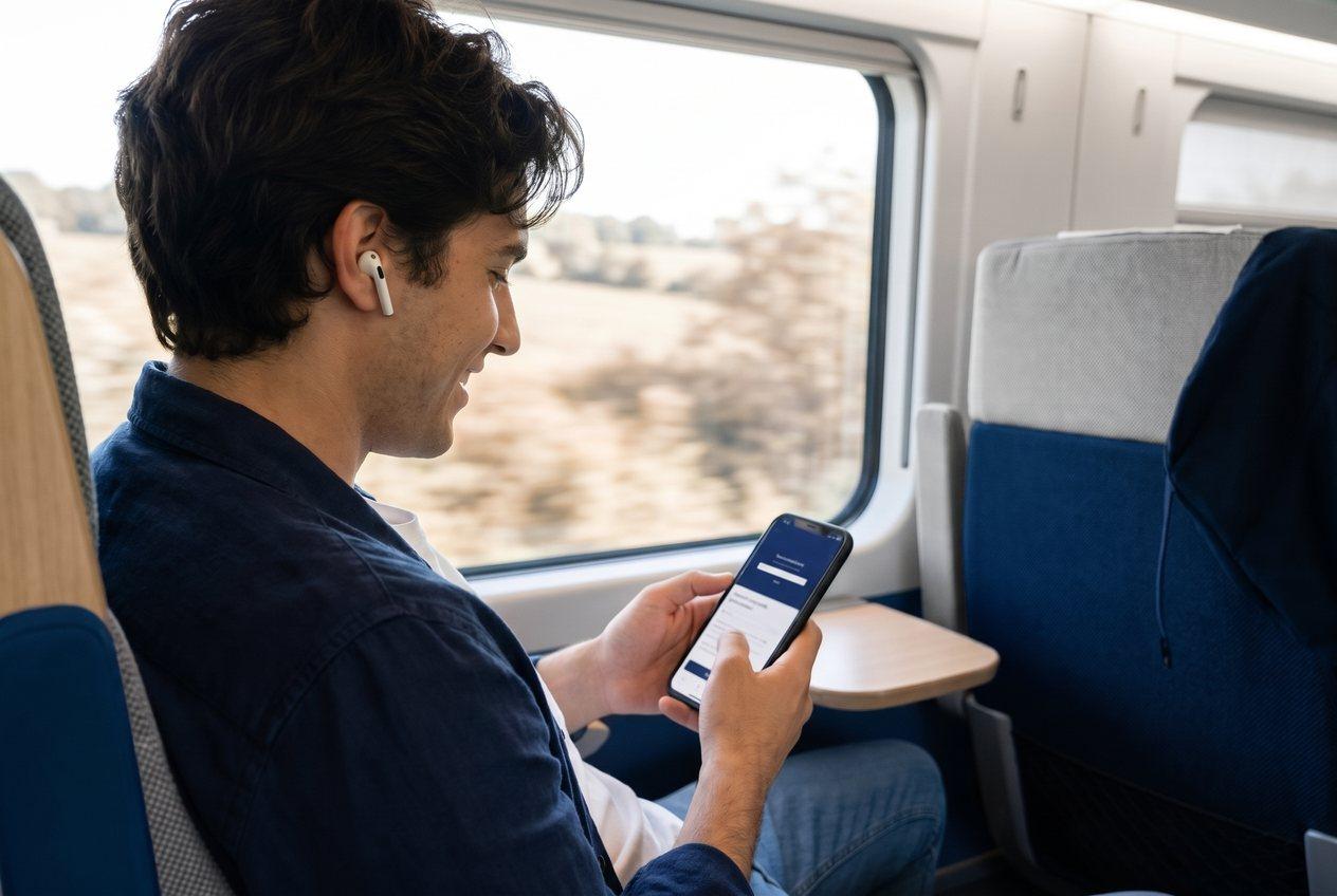 Mandataire d'intermédiaire en crédit qui avance sa formation IOBSP sur smartphone, dans le train